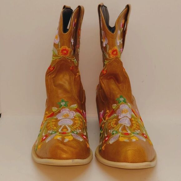 Retro Embroidered Brown Western Boots - Women's Size 8.5 - Picture 4 of 7